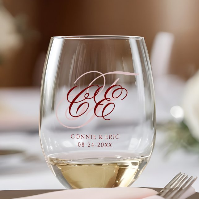 Verre À Vin Sans Pied Élégant Mariage de monogramme de script (Créateur téléchargé)
