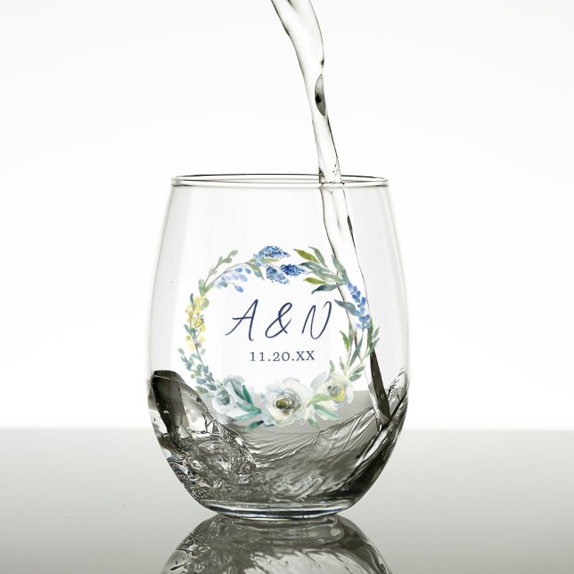 Verre À Vin Sans Pied Élégant Mariage de monogramme Floral bleu (Créateur téléchargé)