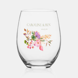 Verre À Vin Sans Pied Élégant mariage personnalisé floral aquarelle colo