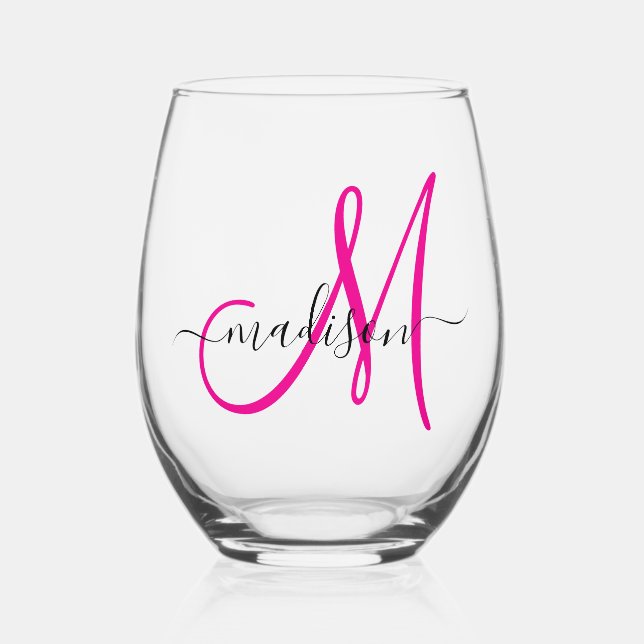 Verre À Vin Sans Pied Élégant Monogramme Hot rose noir Nom Script (Recto)