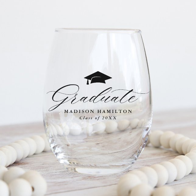 Verre À Vin Sans Pied Élégant noir Script Graduate Nom et année (Créateur téléchargé)