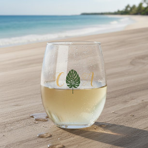 Verre À Vin Sans Pied Elégant Palm Tropical Leaf Monogram Beach Mariage