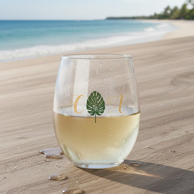Verre À Vin Sans Pied Elégant Palm Tropical Leaf Monogram Beach Mariage (Créateur téléchargé)
