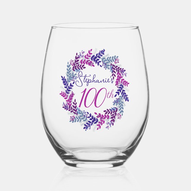 Verre À Vin Sans Pied Elégant rose et violet floral 100e anniversaire (Recto)