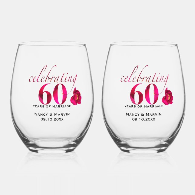 Verre À Vin Sans Pied Élégant rose floral 60e Anniversaire nom date (Recto)