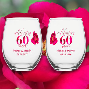 Verre À Vin Sans Pied Élégant Rose personnalisé 60e anniversaire Cadeau