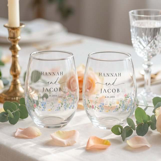 Verre À Vin Sans Pied Elegant Wildflower Wedding Couple Drinkware Set (Créateur téléchargé)