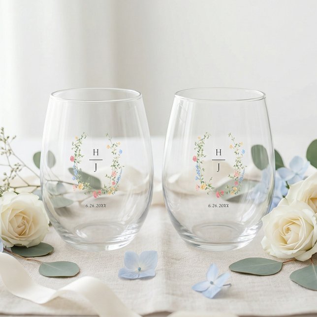 Verre À Vin Sans Pied Elegant Wildflower Wedding Couple Drinkware Set (Créateur téléchargé)