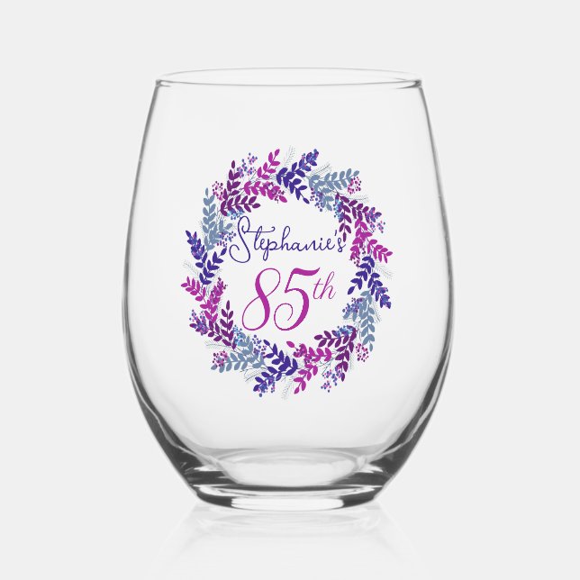 Verre À Vin Sans Pied Élégante couronne rose et violet 85e fête d'annive (Recto)