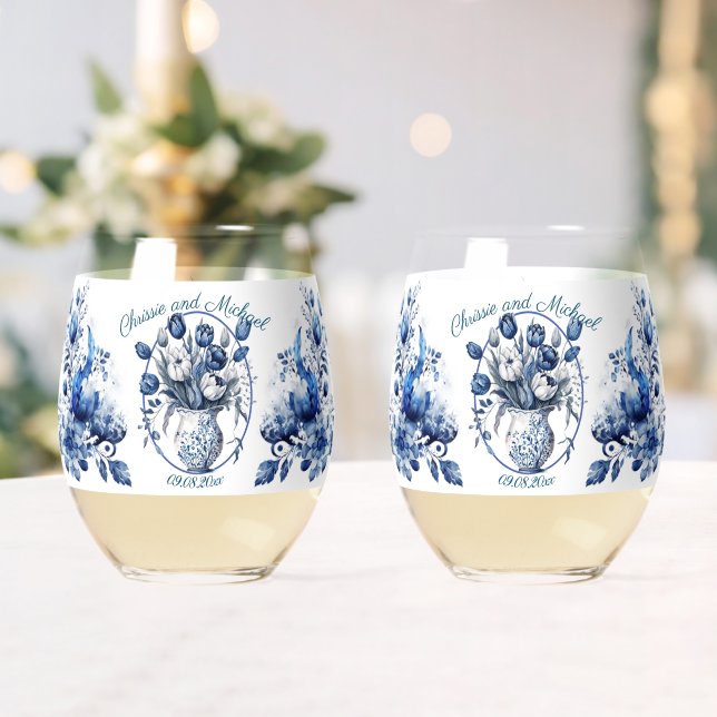 Verre À Vin Sans Pied Elégante Tulipes Blances et Bleues en Vase Mariage (Insitu (Mariage))