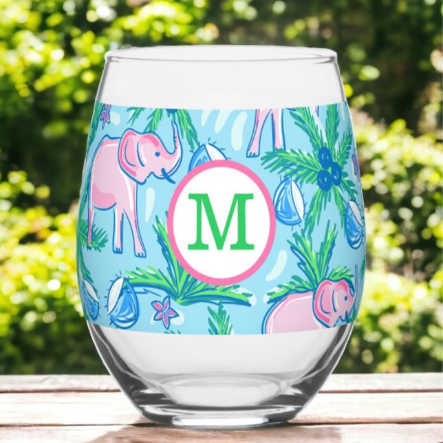 Verre À Vin Sans Pied Éléphant Rose Palmier Monogrammé Prépa  (Créateur téléchargé)