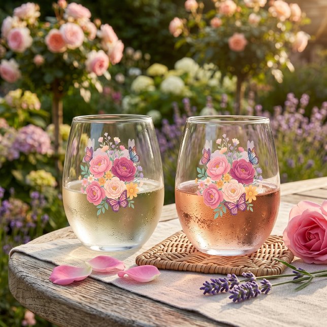 Verre À Vin Sans Pied Ensemble Papillon Floral de 2  (Créateur téléchargé)