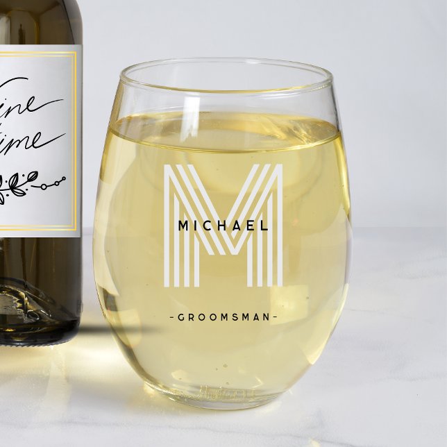 Verre À Vin Sans Pied Enterrement de vie de garçon de mariage en monogra (Black Monogram Groomsman Wedding Bachelor Party Stemless Wine Glass
)