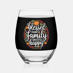 Verre À Vin Sans Pied Famille Reconnaissante Bénie Dîner de Thanksgiving
