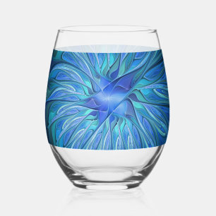 Verre À Vin Sans Pied Fantaisie de fleurs bleues, art fractal abstrait