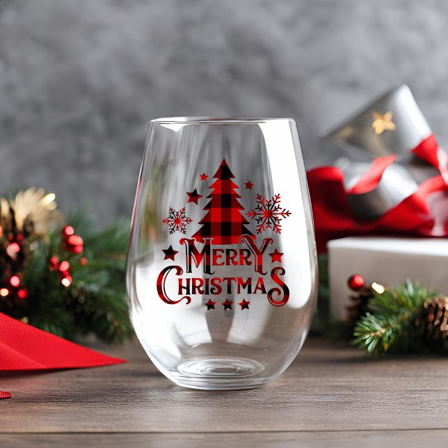Verre À Vin Sans Pied Farmhouse moderne Buffalo Plaid Joyeux Noël (Modern Farmhouse Buffalo Plaid Merry Christmas Stemless Wine Glass)
