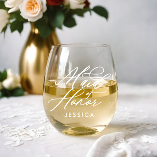 Verre À Vin Sans Pied Femme d'honneur Élégant Script Nom de la fête de m