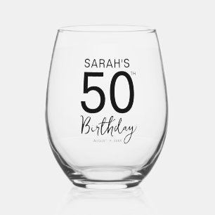 Verre À Vin Sans Pied Fête d'anniversaire 50 ans minimaliste noir et bla