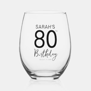 Verre À Vin Sans Pied Fête d'anniversaire 80 ans Texte Noir Minimal