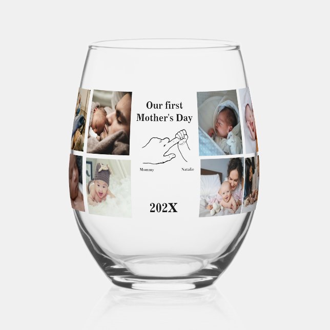 Verre À Vin Sans Pied Fête de la Première Mère personnalisée Photo Colla (Verso)