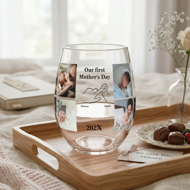 Verre À Vin Sans Pied Fête de la Première Mère personnalisée Photo Colla (Créateur téléchargé)