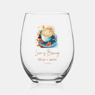 Verre À Vin Sans Pied Fête de mariage Blue Floral Love is Brewing Coffee