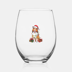 Verre À Vin Sans Pied Feu de Noël Éclairage Santa Chapeau Collie Chien N