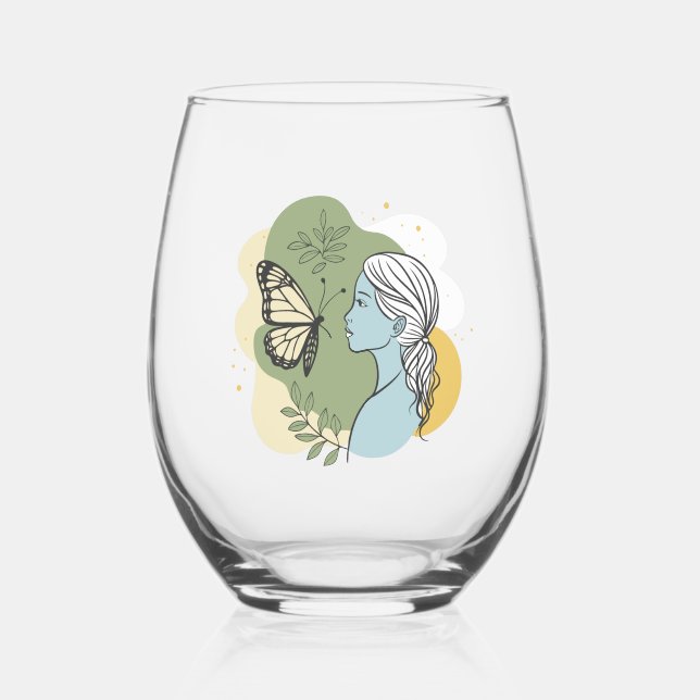 Verre À Vin Sans Pied Fille et papillon. Doux et romantique (Recto)