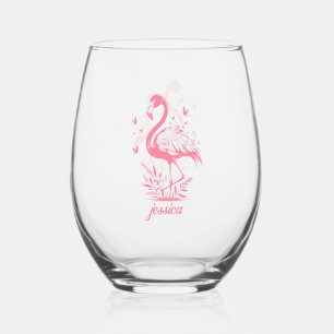 Verre À Vin Sans Pied Flamingo rose et papillons