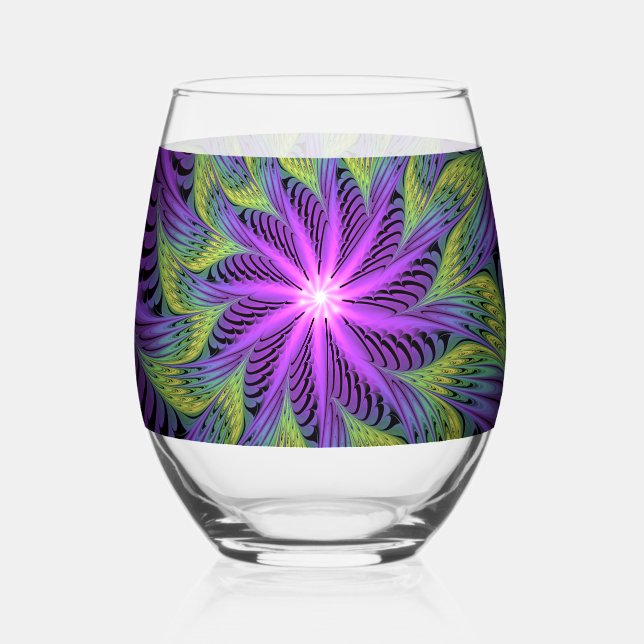 Verre À Vin Sans Pied Fleur Abstraite Moderne de Fractale de Vert Pourpr (Recto)