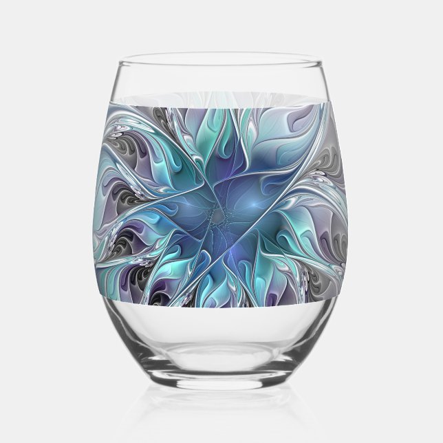 Verre À Vin Sans Pied Fleur fractale moderne abstraite avec du bleu (Recto)