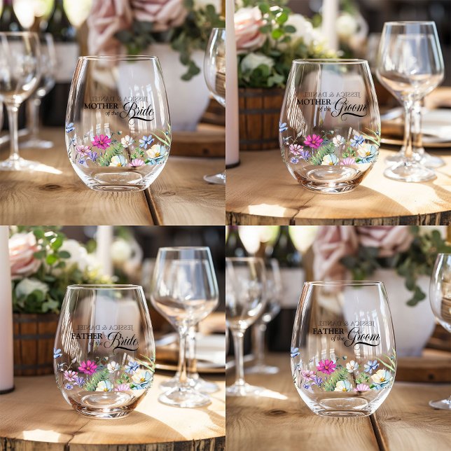 Verre À Vin Sans Pied Fleur sauvage Garden Top Table Floral Mariage (Wedding Parents wine glasses from the Wildflower Garden Wedding Collection)