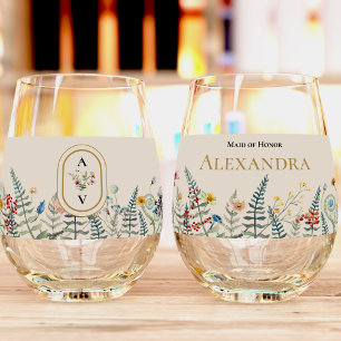 Verre À Vin Sans Pied Fleur sauvage vintage Fern Beige Mariage fête nupt