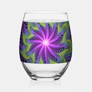 Verre À Vin Sans Pied Fleur Violette Verte Art Abstrait Moderne Fractal