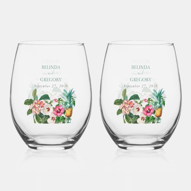 Verre À Vin Sans Pied Fleurs d'aquarelle tropicale et Mariage de verdure (Recto)