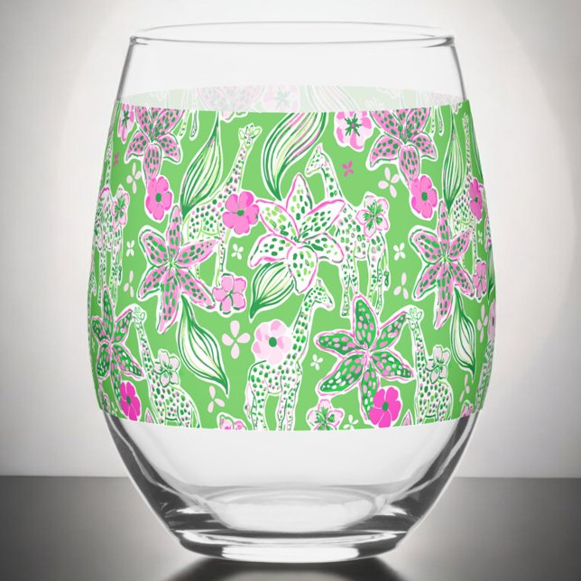 Verre À Vin Sans Pied Fleurs de girafe verte Preppy Vert rose (Créateur téléchargé)
