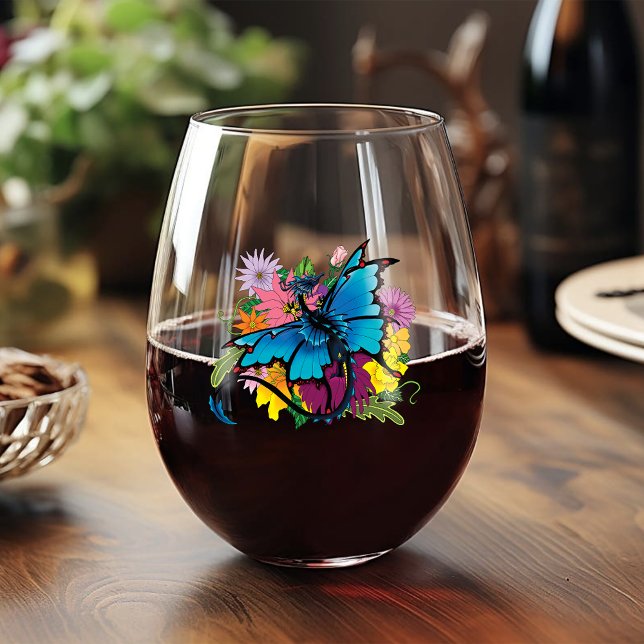 Verre À Vin Sans Pied Fleurs de papillon bleu Dragon (Créateur téléchargé)