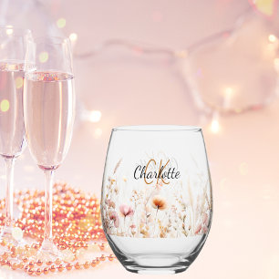 Verre À Vin Sans Pied Fleurs sauvages nom personnalisé initiales monogra