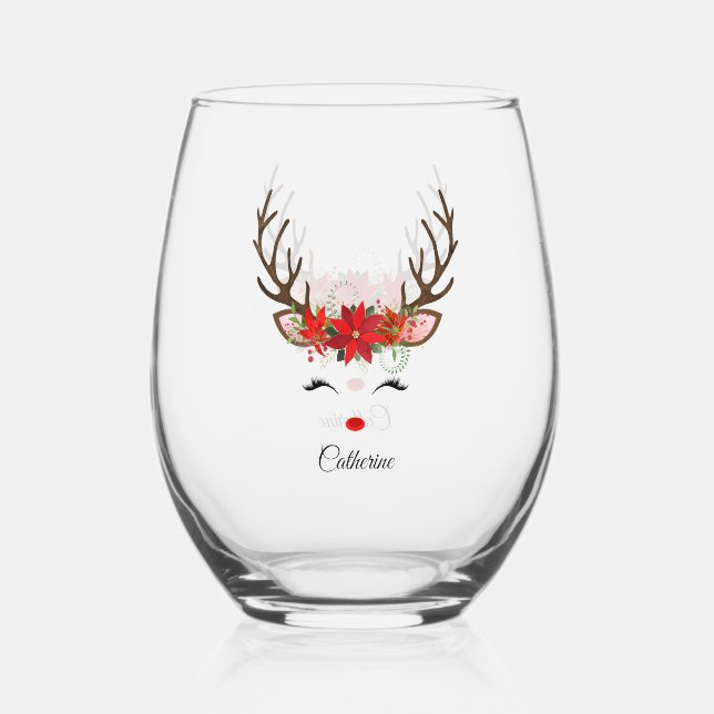Verre À Vin Sans Pied Floral Christmas Reindeer Nom personnalisé (Recto)