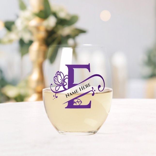 Verre À Vin Sans Pied Floral Monogramme Lettre E Ajouter Nom Changer de  (Insitu (Mariage))