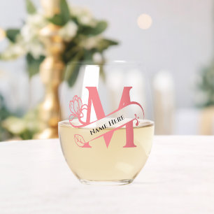 Verre À Vin Sans Pied Floral Monogramme Lettre M Ajouter Nom Changer de
