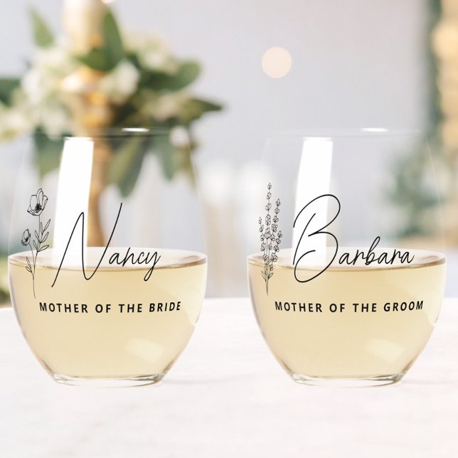 Verre À Vin Sans Pied Floral Personnalisé Mère de la mariée (Simple Modern Mother of the Bride Floral Stemless Glass, Mother of the Groom Gift, Wedding Party Set)