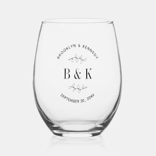 Verre À Vin Sans Pied Fun Monogramme Floral Botanique Mariage Nom du cou