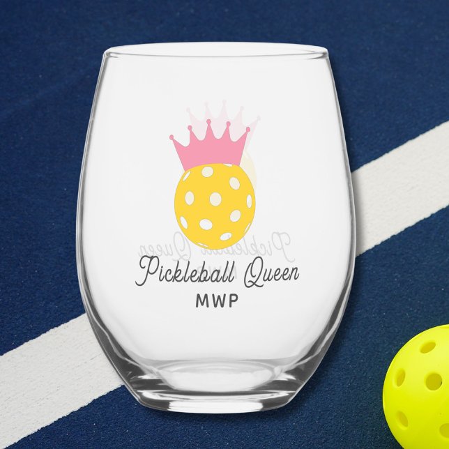 Verre À Vin Sans Pied Funny Pickleball Queen Monogramme personnalisé (Créateur téléchargé)