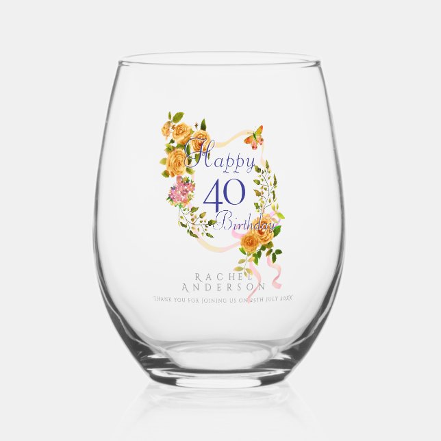 Verre À Vin Sans Pied Gold Rose Ribbon 40th Birthday (Recto)