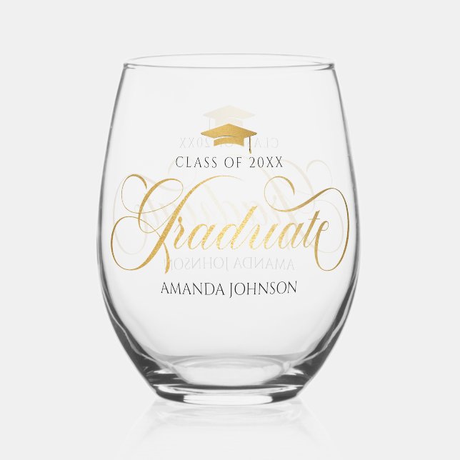 Verre À Vin Sans Pied Gold Script Graduate Name Graduate (Recto)