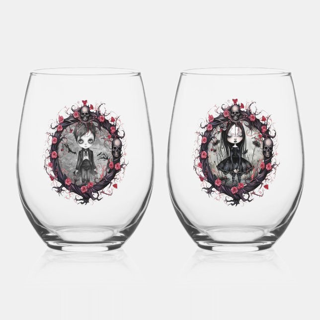 Verre À Vin Sans Pied Gothique Couple Skuls et Rose (Recto)