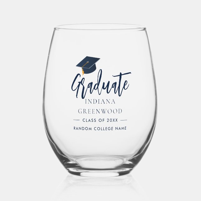 Verre À Vin Sans Pied Graduation 2025 Script Marine Bleu Personnalisé (Recto)