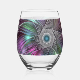 Verre À Vin Sans Pied Grande Fleur colorée Abstraite Trippy Fractal Art