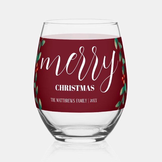 Verre À Vin Sans Pied Guirlande personnalisée Bourgogne Joyeux Noël Nom (Recto)